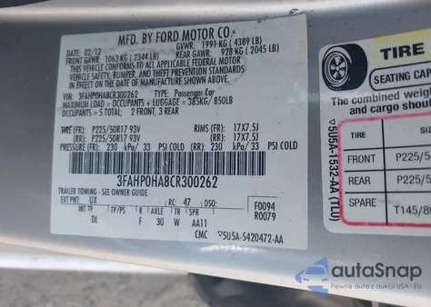 2012 Ford Fusion Se from USA, damaged, VIN 3FAHP0HA8CR300262